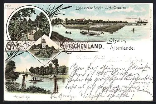 Lithographie Lühe / Altenland, Deich-Promenade, An der Lühe, Leuchtturm, Lühe zweite Brücke