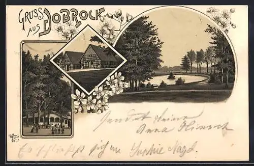 Lithographie Dobrock, Gasthaus, Fachwerkhäuser, Garten mit Teich