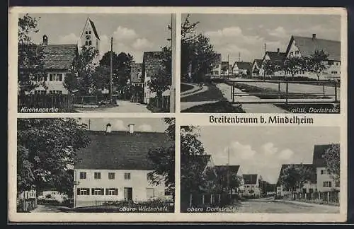 AK Breitenbrunn b. Mindelheim, Gasthaus, Kirchenpartie, Dorfstrasse