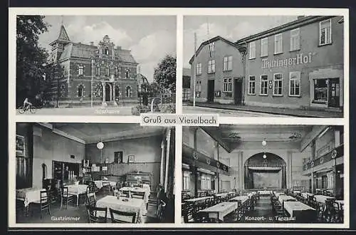AK Vieselbach, Gasthaus Thüringer Hof mit Innenansicht, Sparkasse