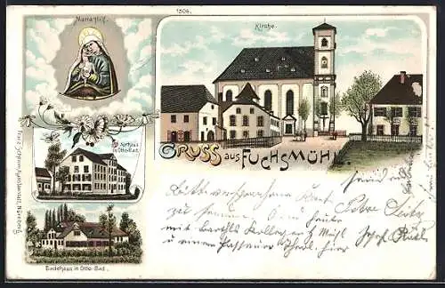 Lithographie Fuchsmühl, Kurhaus in Otto-Bad, Badehaus, Kirche
