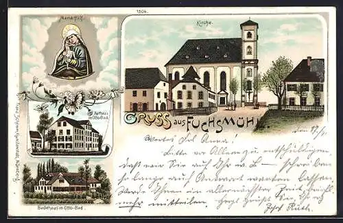 Lithographie Fuchsmühl, Kurhaus in Otto-Bad, Badehaus, Kirche