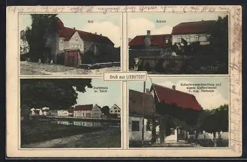 AK Liebstedt, Dorfstrasse mit Teich, Kolonialwarenhandlung v. Aug. Ehrhardt, Schule und Gut