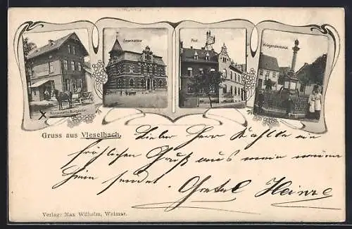 AK Vieselbach, Restaurant zum Burgkeller, Sparkasse, Post