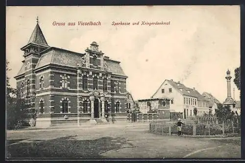 AK Vieselbach, Sparkasse und Kriegerdenkmal