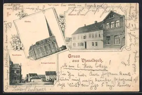 AK Vieselbach, Gasthof zur Aue, Sparkasse mit Kriegerdenkmal