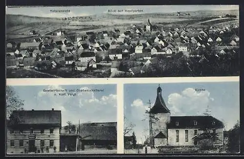 AK Hopfgarten / Thür., Gasthaus und Obstweinkelterei von Kurt Voigt, Kirche