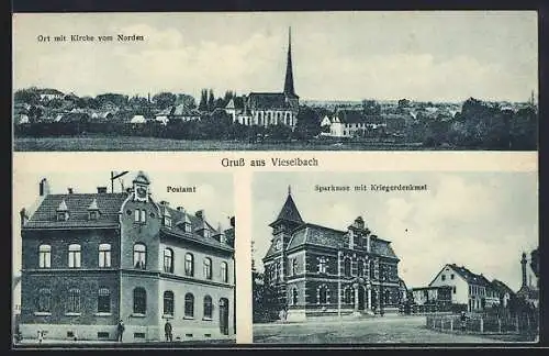 AK Vieselbach, Sparkasse mit Kriegerdenkmal, Postamt