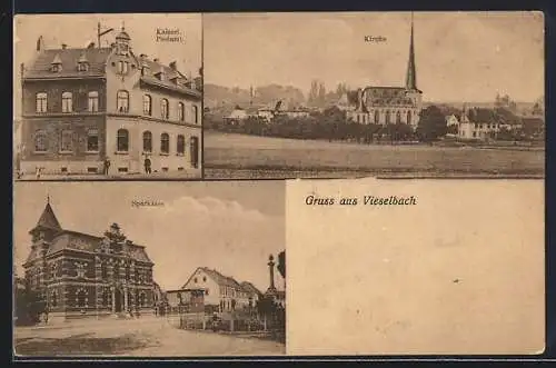 AK Vieselbach, Partie an der Sparkasse & am Kaiserl. Postamt, Blick zur Kirche