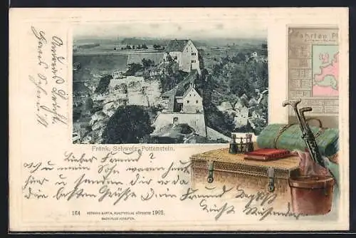Passepartout-Lithographie Pottenstein /Fränk. Schweiz, Ortsansicht, Bädecker-Reiseführer
