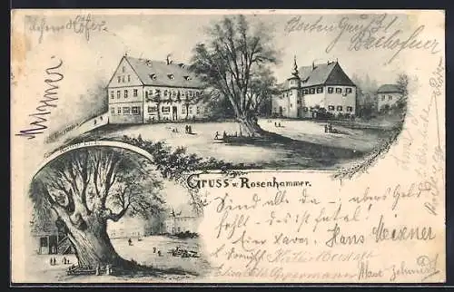 Künstler-AK Rosenhammer / Weidenberg, Gasthaus und Huntings Linde