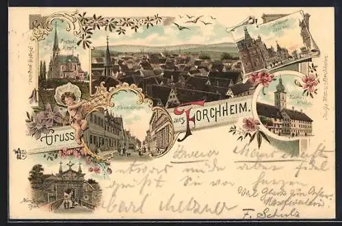 Lithographie Forchheim / Bayern, Protest. Kirche, Nürnberger Thor, Hauptstrasse