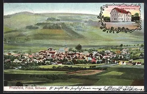 Künstler-AK Pretzfeld /Fränk. Schweiz, Gasthaus zur neuen Post, Bes. Georg Lang und Blick über den Ort