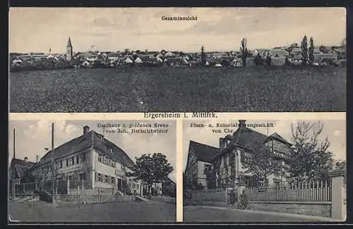 AK Ergersheim i. Mittlfrk., Gasthaus zum goldenen Kreuz, Eisen- und Kolonialwarengeschäft von Chr. Dehm, Gesamtansicht