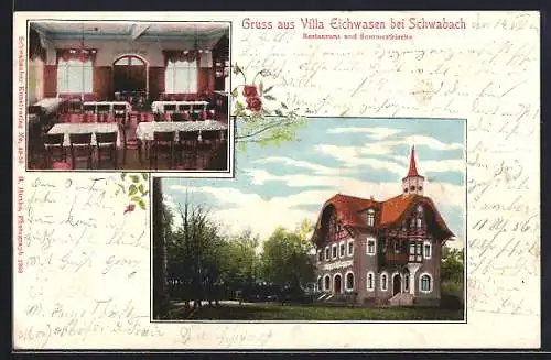 Passepartout-AK Schwabach, Restaurant und Sommerfrische Villa Eichwasen, Gebäudeansicht und Gastraum