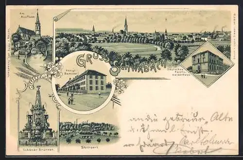 Lithographie Schwabach, Deutsches Reichs-Waisenhaus, Kgl. Seminar, Stadtpark