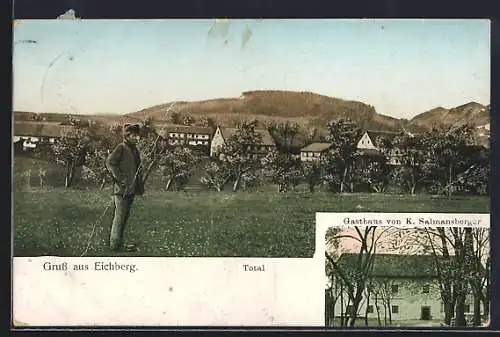 AK Deggendorf-Eichberg, Gasthaus von K. Salmansberger, Teilansicht vom Ort