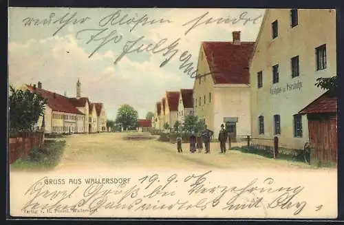 AK Wallersdorf / Ndb., Gasthaus zur Eisenbahn mit Strassenbahn