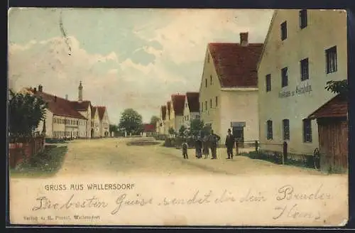 AK Wallersdorf / Ndb., Gasthaus zur Eisenbahn mit Strassenbahn