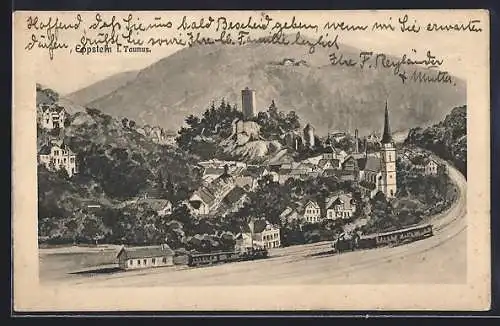 Künstler-AK sign. Hans Pernat: Eppstein i. Taunus, Ortsansicht mit Eisenbahnen