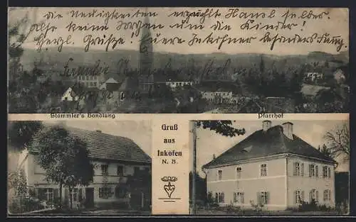 AK Inkofen /N. B., Stammler`s Handlung, Pfarrhof und Totalansicht