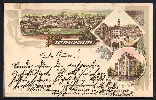 Lithographie Rotthalmünster, Markt, Vöchinger Brauhaus und Totalansicht
