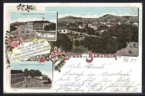 Lithographie Bensheim, Hotel zum Deutschen Haus, Gartenrestaurant mit Kaisersaal, Totalansicht