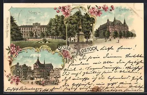 Lithographie Rostock, Marktplatz, Universität und Ständehaus