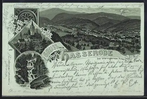 Mondschein-Lithographie Hasserode bei Wernigerode, Schloss, Steinerne Renne und Totalansicht