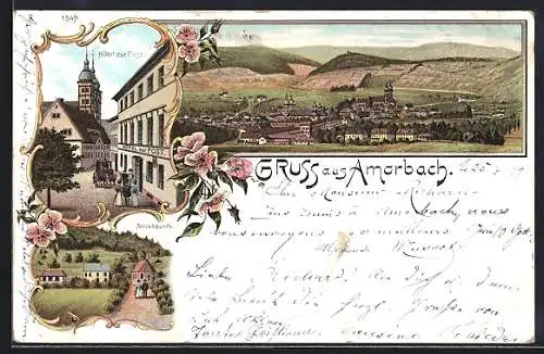 Lithographie Amorbach, Hotel zur Post, Amorsquelle, Ortsansicht