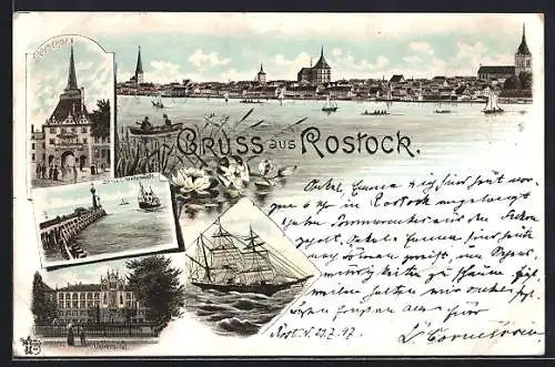 Lithographie Rostock, Steinthor, Universität und Spill i. Warnemünde