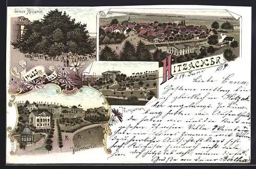 Lithographie Hitzacker, Kurgarten mit Restaurant, Villenpartie und Grosse Kastanie