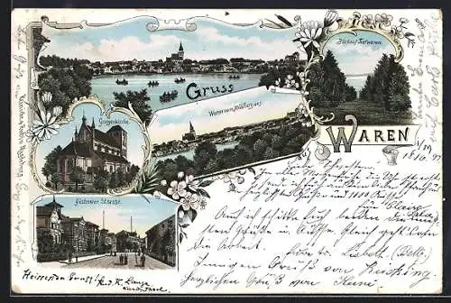 Lithographie Waren i. M., Georgenkirche, Güstrowerstrasse, Gesamtansicht