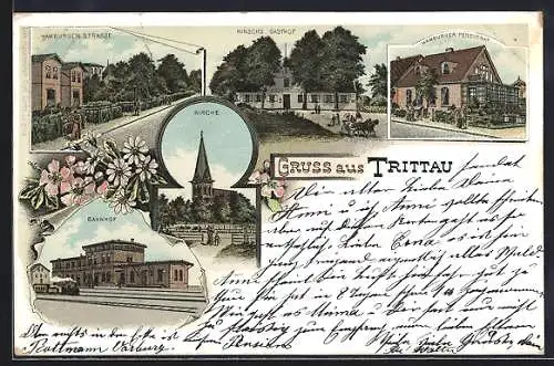 Lithographie Trittau, Hamburger Strasse, Hinsch`s Gasthof, Hamburger Pensionat, Bahnhof, Kirche