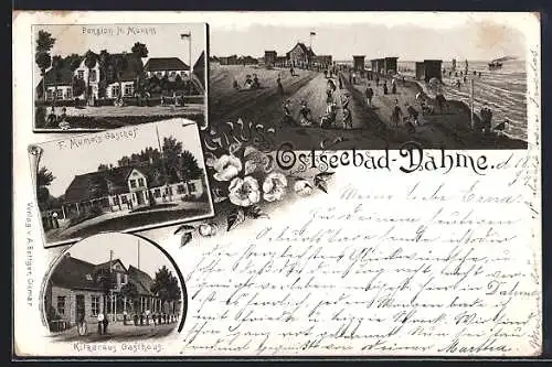 Lithographie Dahme / Ostseebad, Pension H. Mumm, F. Mumm`s Gasthof, Kitzeraur Gasthaus und Strandbad