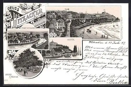 Lithographie Hitzacker, Hafen, Grosse Kastanie und Strand