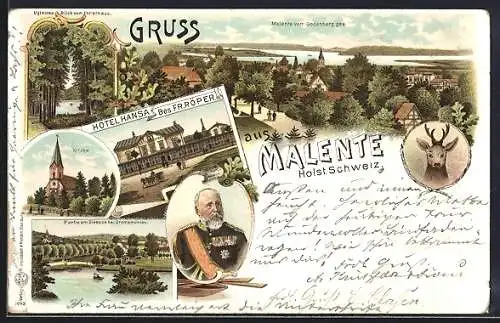 Lithographie Malente, Hotel Hansa, Kirche, Dieksee