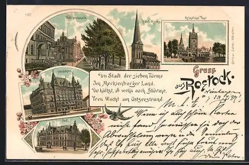 Lithographie Rostock, Ständehaus, Post und Kröpeliner Thor