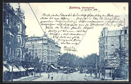 AK Hamburg-Rahlstedt, Lübeckerstrasse mit Strassenbahn und Geschäften