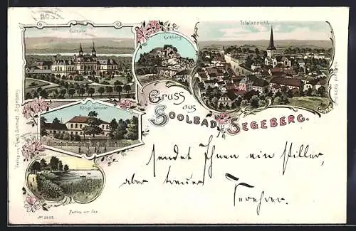 Lithographie Segeberg, Kurhotel, Königl. Seminar, Kalkberg und Totalansicht