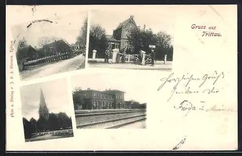 AK Trittau, Bahnhof, Kirche und Strassenpartie