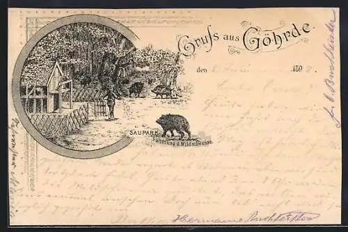Lithographie Göhrde / Dahlenburg, Fütterung der Wildschweine im Saupark