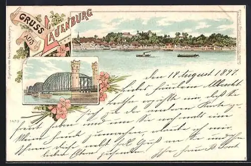 Lithographie Lauenburg / Elbe, Brücke und Ortspanorama