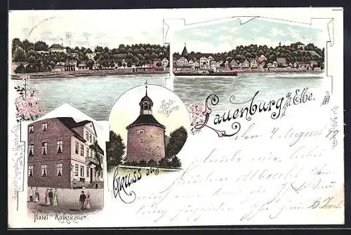 Lithographie Lauenburg / Elbe, Hotel Ratskeller, Amtsturm, Gesamtansicht
