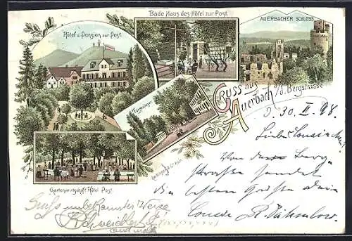 Lithographie Auerbach a. d. Bergstrasse, Hotel und Pension zur Post, Badehaus und Fürstenlager