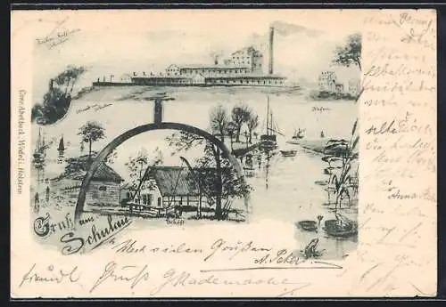 AK Schulau, Bauernhaus, Flusspartie und Fabrik