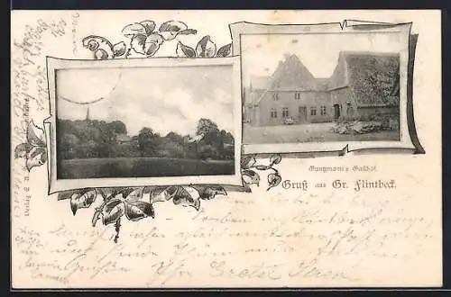 AK Grossflintbek, Guntzmann`s Gasthof und Ortsansicht im Passepartout