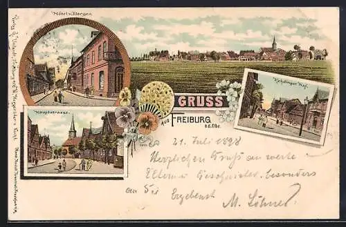 Lithographie Freiburg a. d. Elbe, Hotel von Bargen, Hotel Kehdinger Hof, Haupstrasse