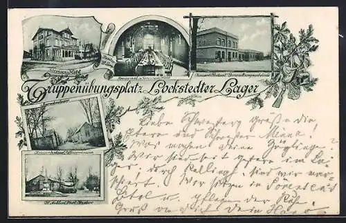 AK Lockstedter Lager, Sörensens Hotel Kaiserl. Postamt, Kriegerdenkmal und Speisesaal