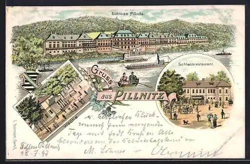 Lithographie Dresden-Pillnitz, Schlossrestaurant, Totalansicht mit Dampfern